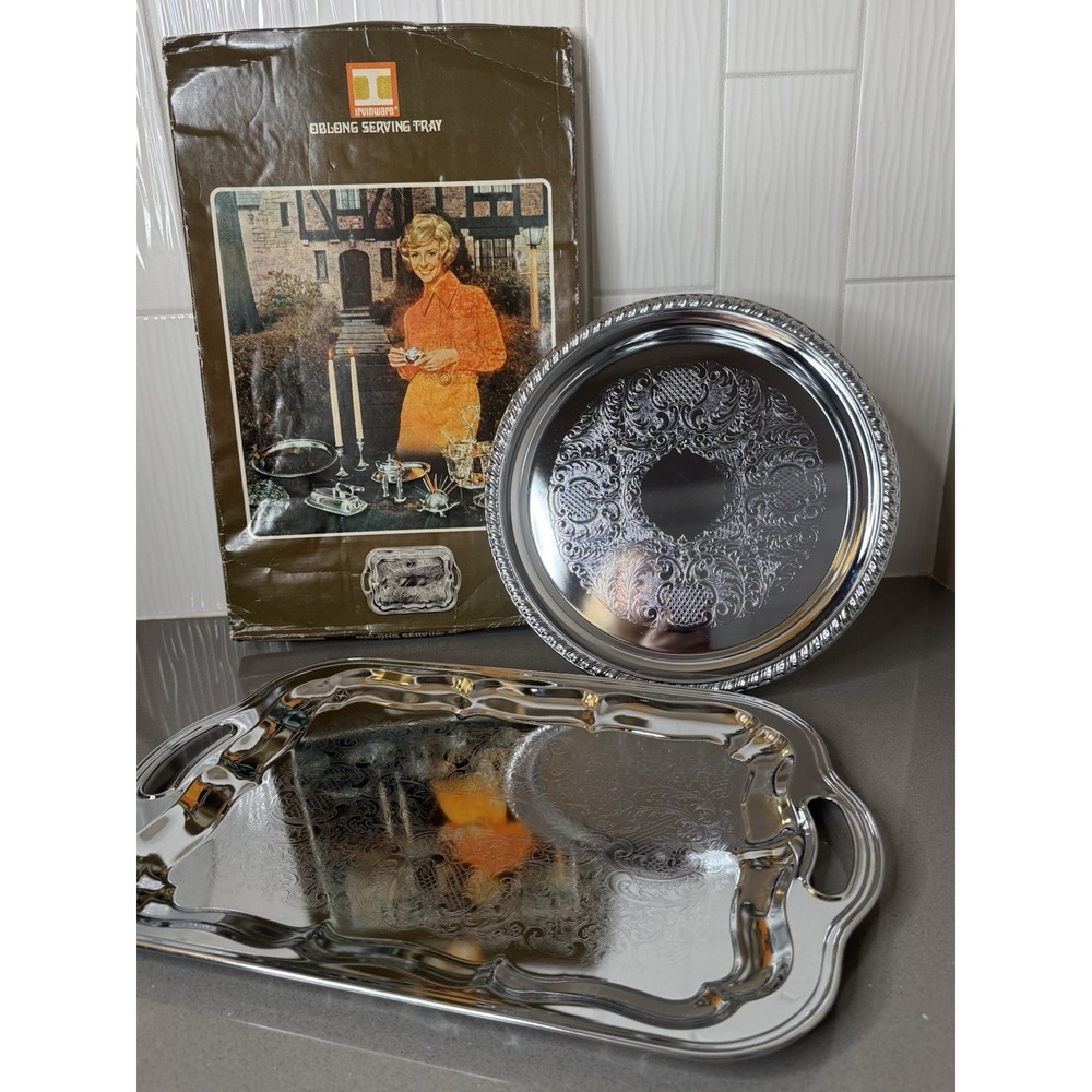 Vintage 1971 Irvinware Chrome Serving Tray Set 2 Rectangular Boxed Round Etched